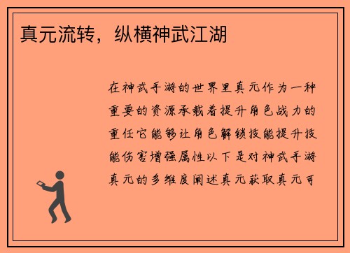 真元流转，纵横神武江湖