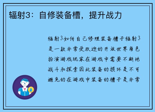 辐射3：自修装备槽，提升战力