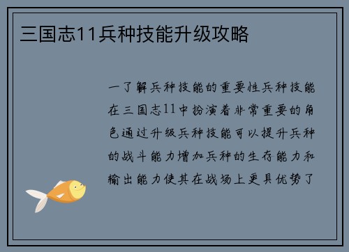 三国志11兵种技能升级攻略