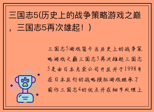 三国志5(历史上的战争策略游戏之巅，三国志5再次雄起！)